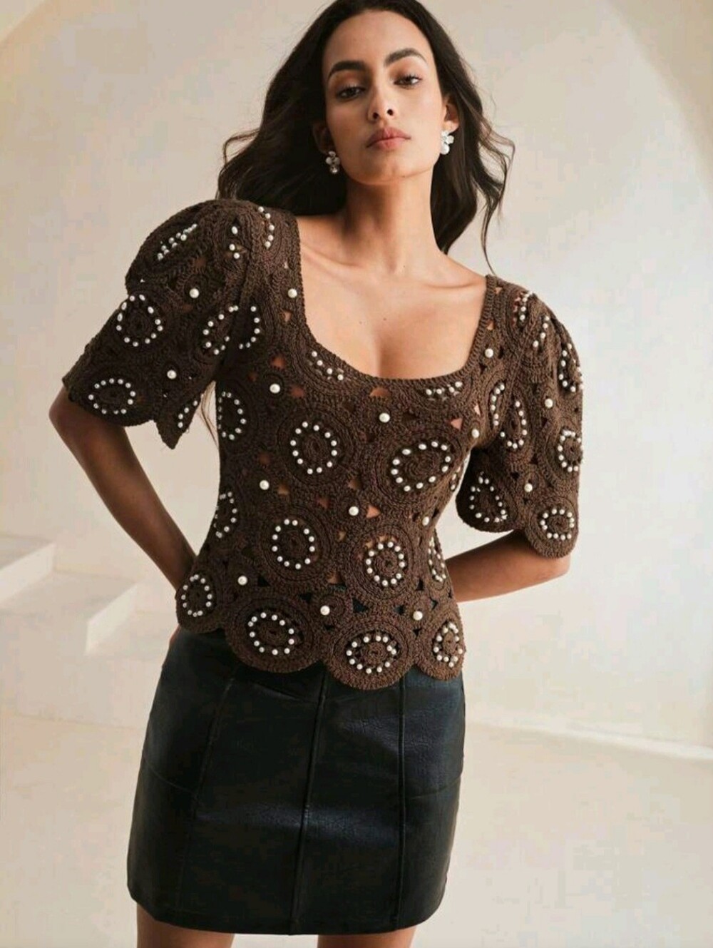 Shein Anewsta Crochet Balloon Sleeve Pearl Beaded Top Brown Sz L NWT